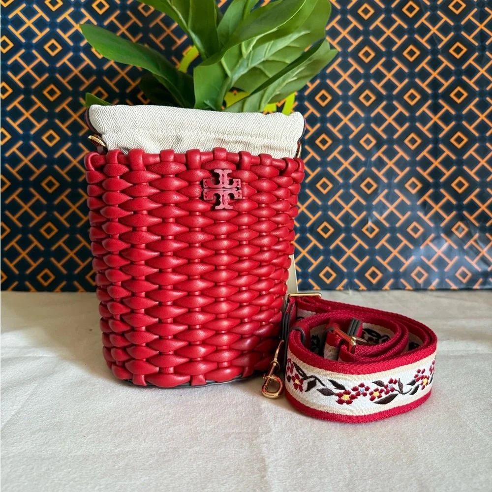 NWT Emerson Warm Red Woven mini Bucket Bag with Embroidered Strap